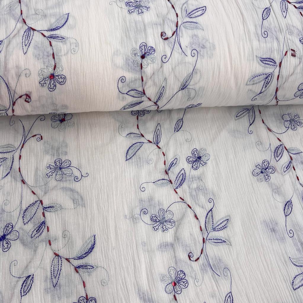Crepe de Algodão Ramos Branco e Azul Jasmine