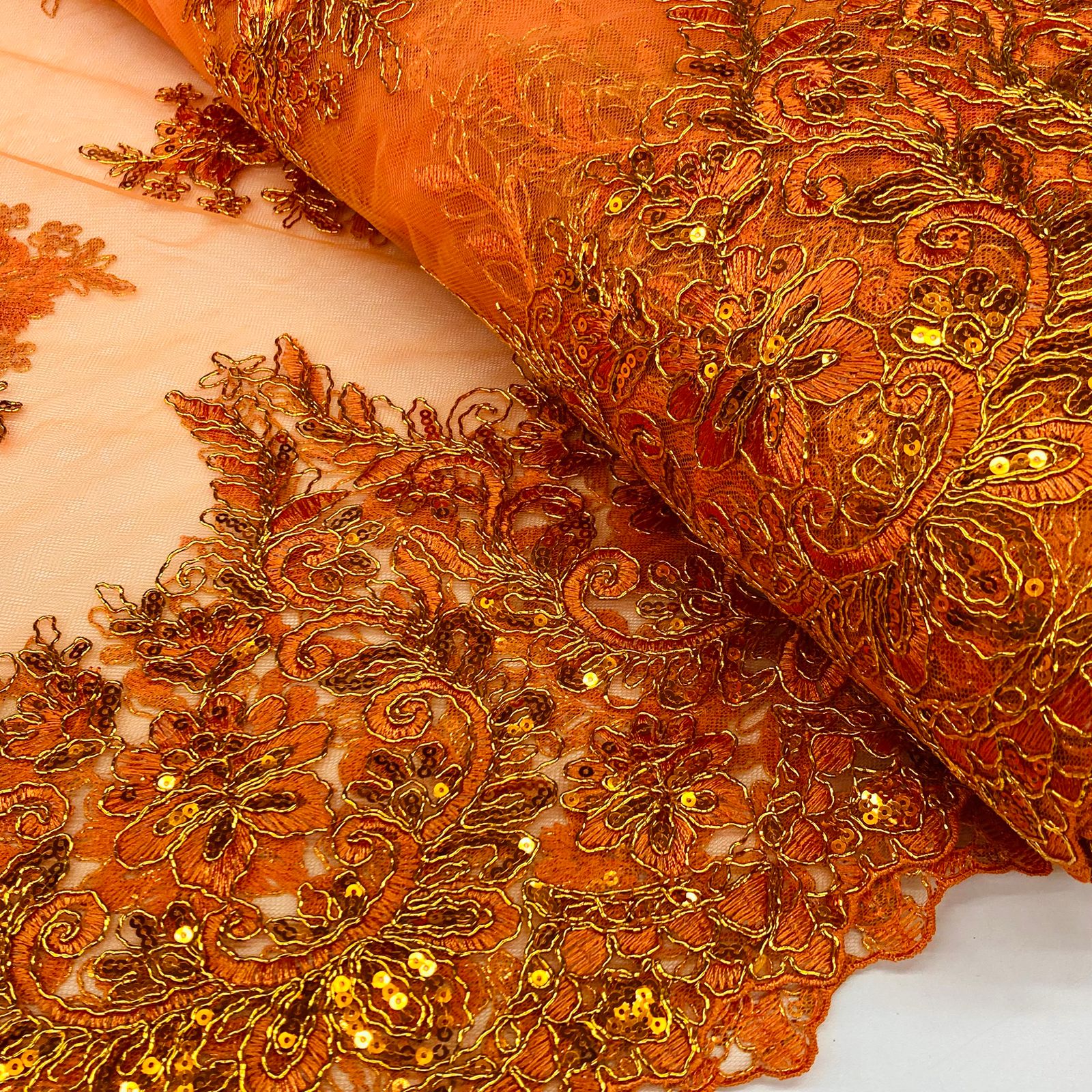 Tule Bordado Lantejoula Laranja com Dourado BLACK 