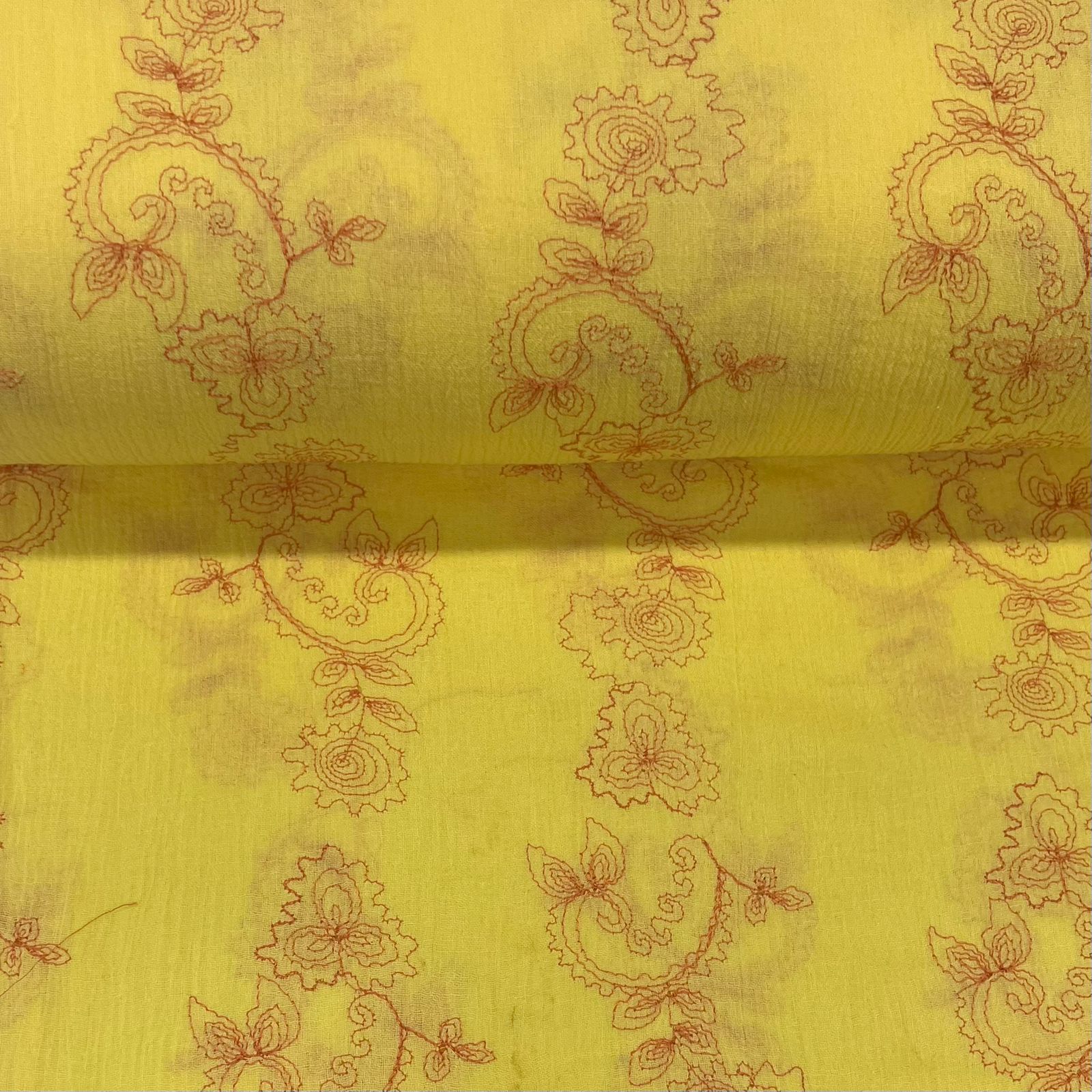 Crepe de Algodão Bordado Amarelo e Vermelho Star FIND