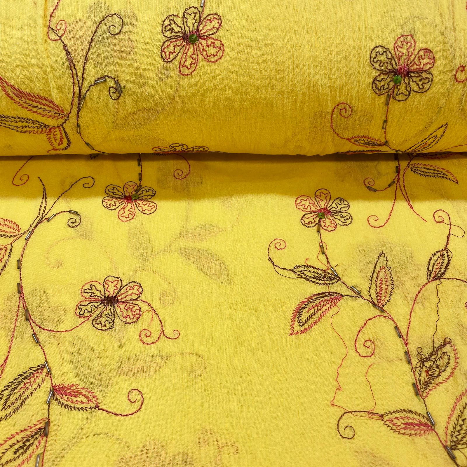 Crepe de Algodão Ramos Amarelo e Vermelho Jasmine TEMPORAL