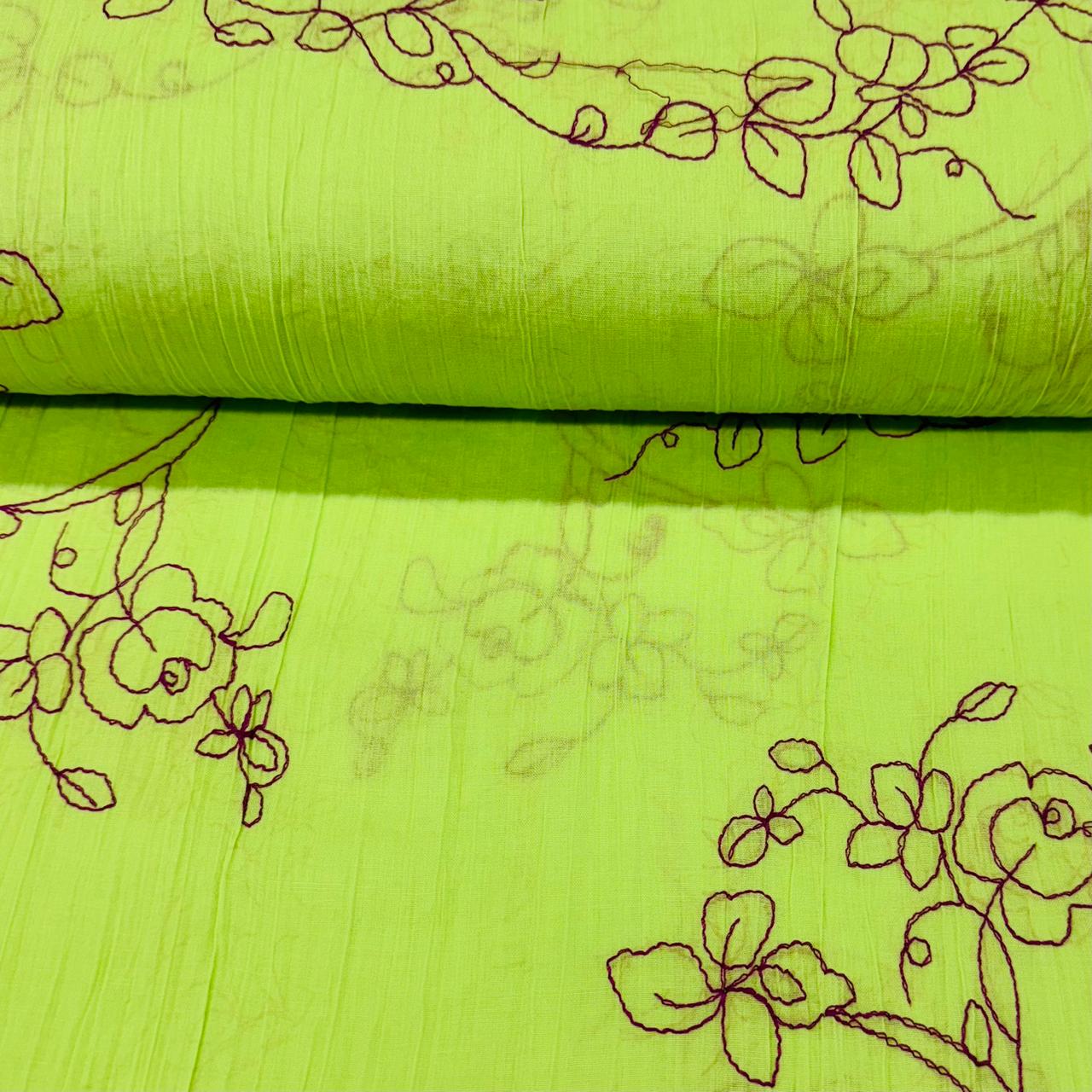 Crepe de Algodão Bordado Amarelo Neon Garden RRR