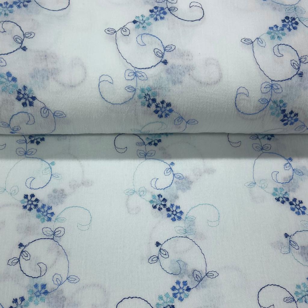 Crepe de Algodão Bordado Ramos Azul Star RRR