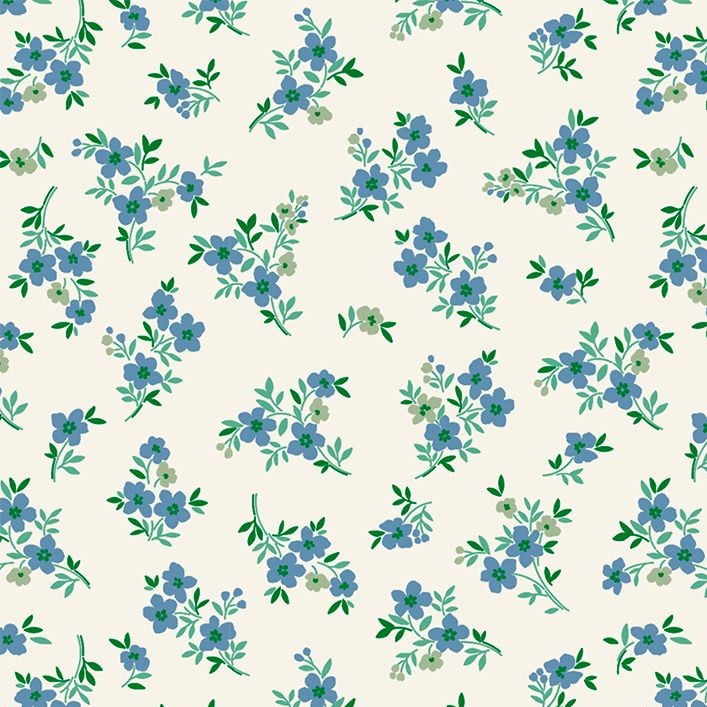 CORTE 1,00x1,50cm Tricoline Floral Ramos de Amor Azul e Verde