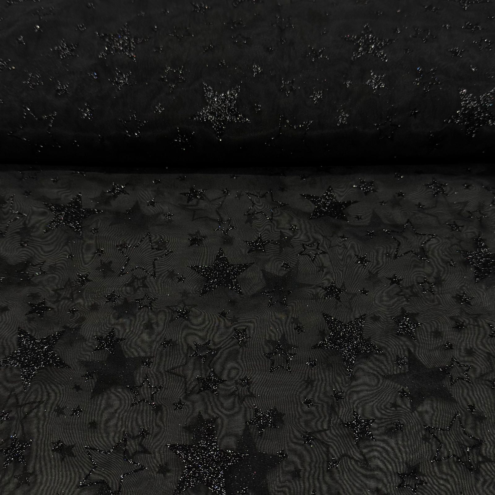 Organza Estampada Glitter Estrelas Preto