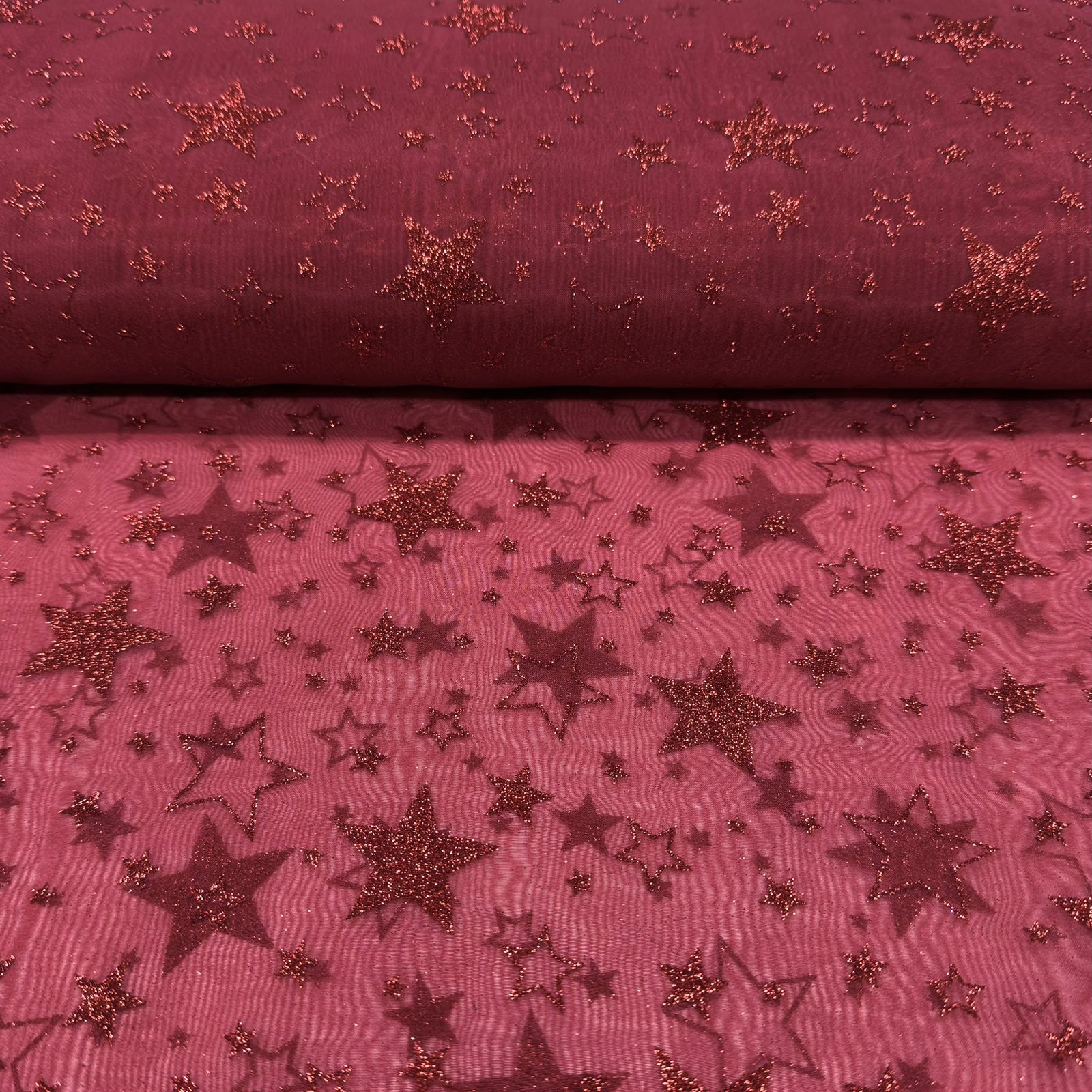 Organza Estampada Glitter Estrelas Vermelhas