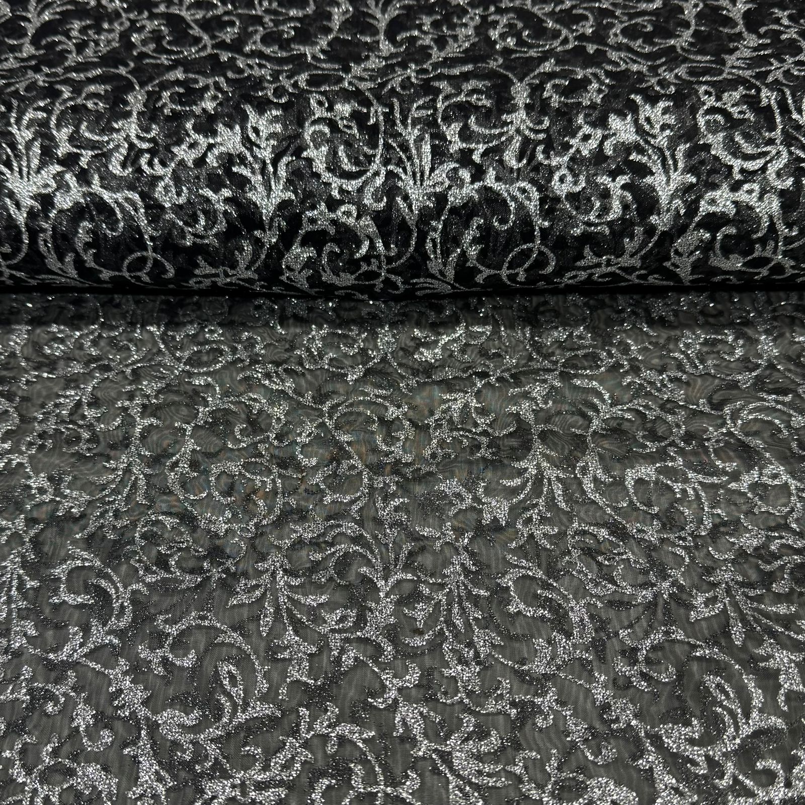 Organza Estampada Preto Com Prata