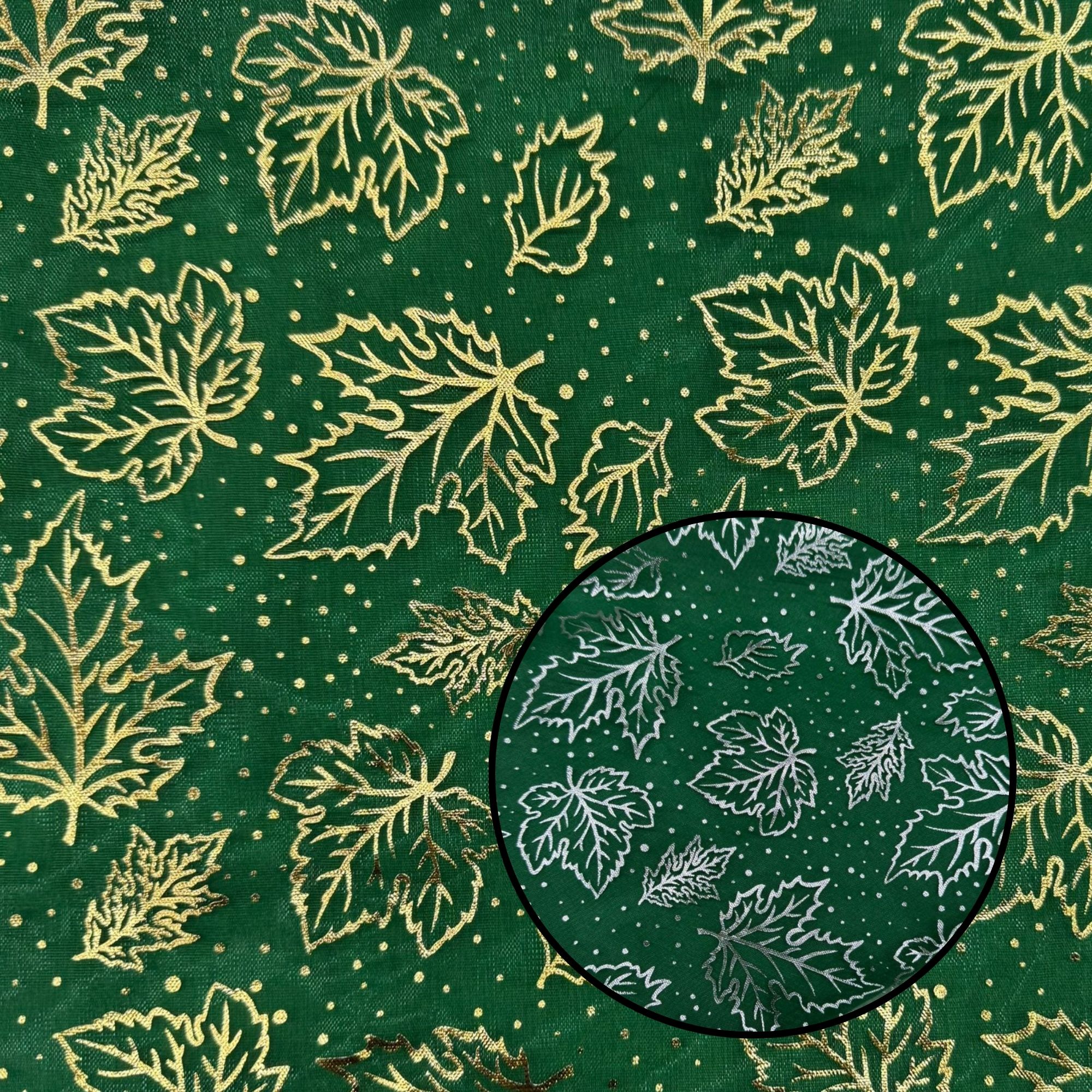 Organza Folhas Natalinas Verde Ouro/Prata Dupla Face