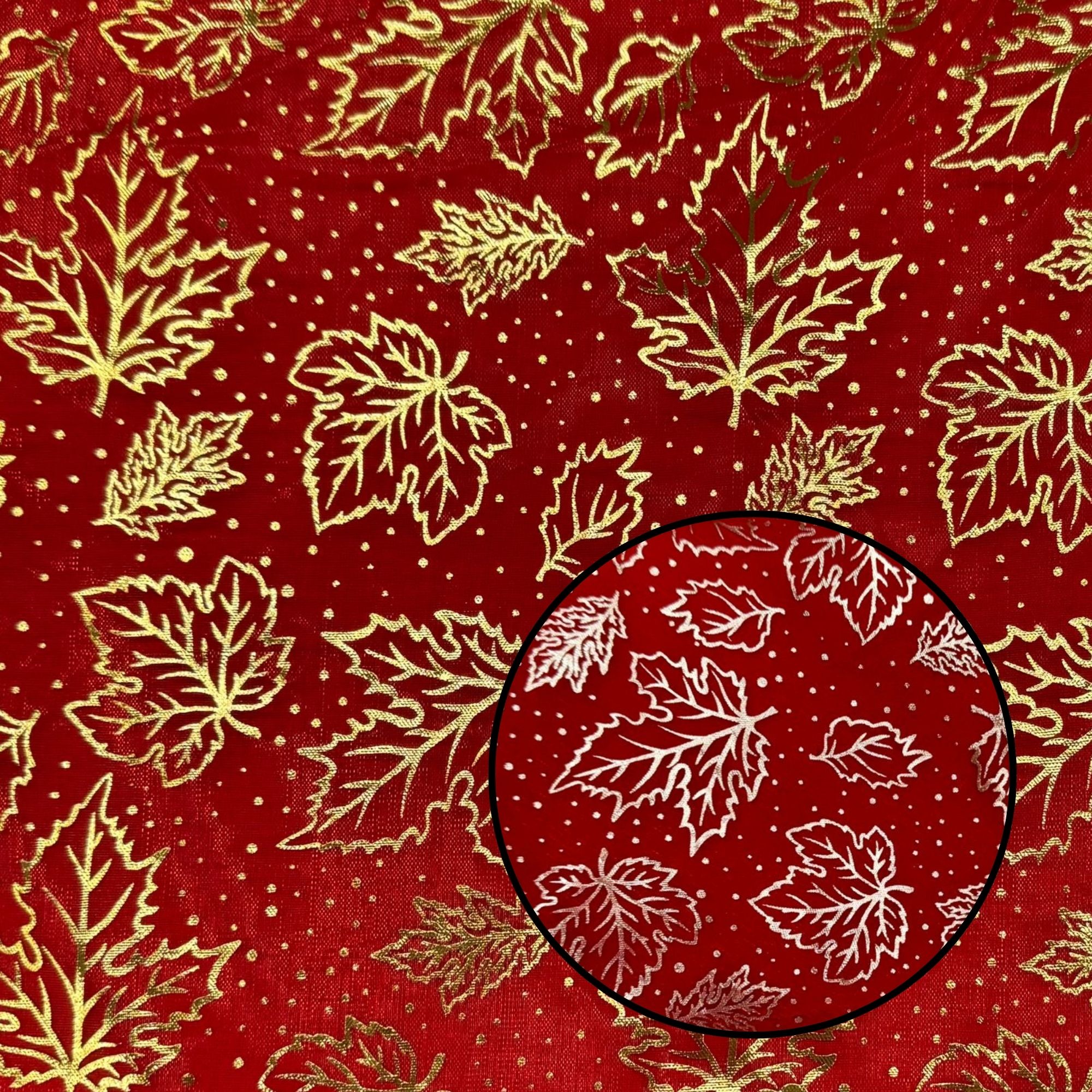 Organza Folhas Natalinas Vermelho Ouro/Prata Dupla Face
