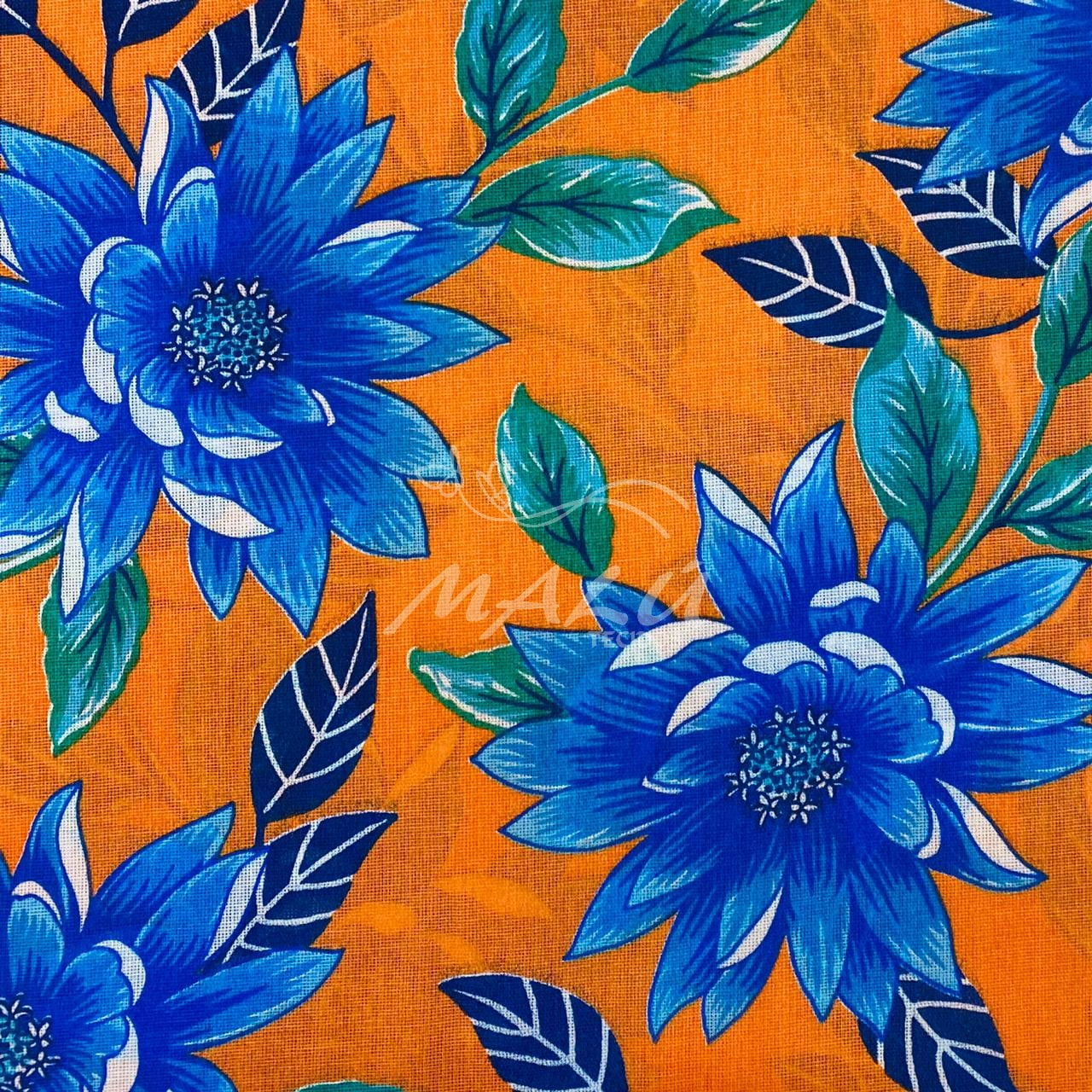 Chita Laranja Flor Azul 100% Algodão