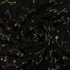 Crepe Chiffon Bordado Preto com Rosa e Amarelo