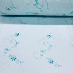 Crepe de Algodão Bordado Azul Céu e Branco Star RRR