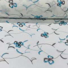 Crepe de Algodão Bordado Azul Lis  RRR