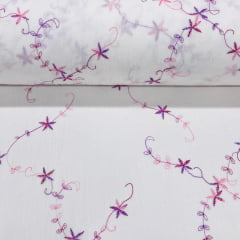 Crepe de Algodão Bordado Raminhos Rosa  RRR
