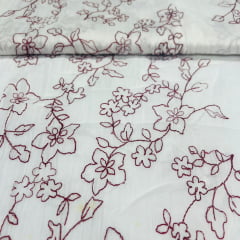 Crepe de Algodão Bordado Vermelho no Branco Garden BLACK