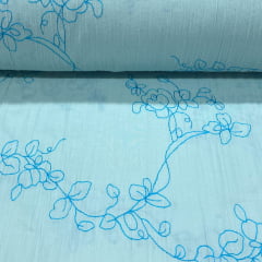 Crepe de Algodão Bordado Azul Claro Garden RRR