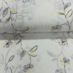 Crepe de Algodão Ramos Branco Cinza e Amarelinho Jasmine RRR