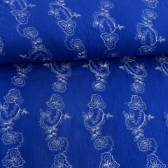 Crepe de Algodão Bordado Azul e Branco Star LIVE PROMO