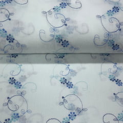 Crepe de Algodão Bordado Ramos Azul Star LIVE PROMO