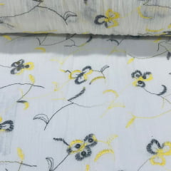 Crepe de Algodão Bordado Lis Branco com Amarelo ESQUENTA