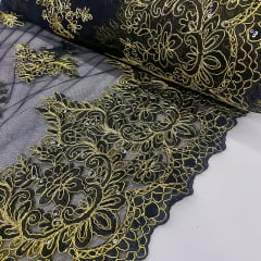 Tule Bordado Lantejoula Preto com Dourado LIVE