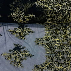 Tule Bordado Lantejoula Preto com Dourado LIVE