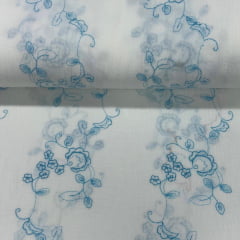 Crepe de Algodão Bordado Branco com Azul Celeste Star LIVE