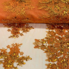 Tule Bordado Lantejoula Laranja com Dourado BLACK 