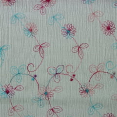 Crepe de Algodão Bordado Azul e Pink Star TEMPORAL