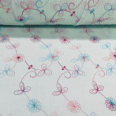 Crepe de Algodão Bordado Azul e Pink Star TEMPORAL