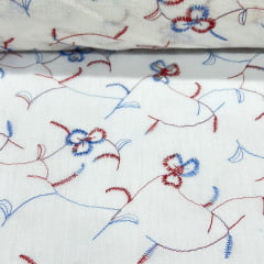 Crepe de Algodão Bordado Lis Azul e Vermelho RRR Crepe de Algodão Bordado Lis Azul e Vermelho RRR