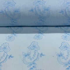 CORTE 0,90x1,40cm Crepe de Algodão Bordado Azul Sobretom Star