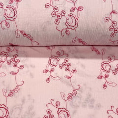 Crepe de Algodão Bordado Rosa com Vermelho Star RRR Crepe de Algodão Bordado Rosa com Vermelho Star RRR