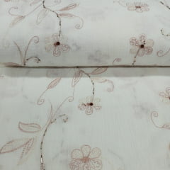 Crepe de Algodão Ramos Branco e Salmão Jasmine RRR Crepe de Algodão Ramos Branco e Salmão Jasmine RRR