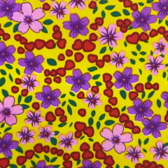 CORTE 1,00x1,50cm Chita Fake Flores Roxas Fundo Amarelo CORTE 1,00x1,50cm Chita Fake Flores Roxas Fundo Amarelo
