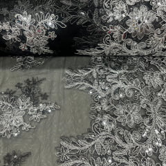CORTE 0,50x1,30cm Tule Bordado Lantejoula Preto com Prata