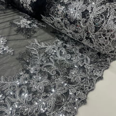 CORTE 0,50x1,30cm Tule Bordado Lantejoula Preto com Prata