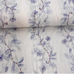 CORTE 1,00x1,40cm Crepe de Algodão Ramos Branco e Azul Jasmine