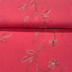 CORTE 0,80cx1,40cm Crepe de Algodão Ramos Coral Jasmine