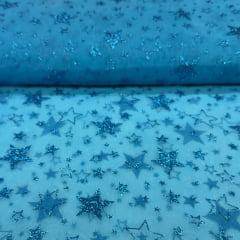 Organza Estampada Glitter Estrelas Azuis 