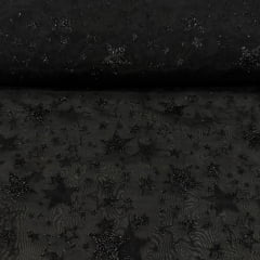 Organza Estampada Glitter Estrelas Preto Organza Estampada Glitter Estrelas Preto
