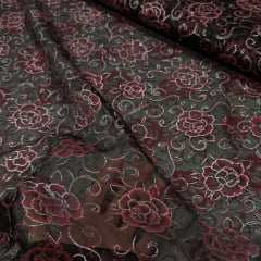 Organza Estampada Preta com Rosas