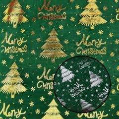 Organza Feliz Natal Verde Ouro/Prata Dupla Face