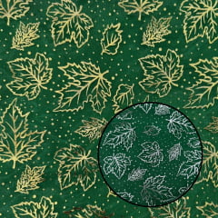 Organza Folhas Natalinas Verde Ouro/Prata Dupla Face