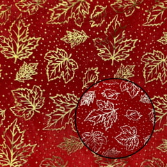Organza Folhas Natalinas Vermelho Ouro/Prata Dupla Face