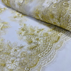 Tule Bordado Branco e Dourado Tule Bordado Branco e Dourado