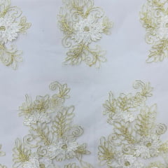Tule Bordado Branco e Dourado 
