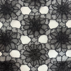 Tule Bordado Flores Pretas Relevo LIVE Tule Bordado Flores Pretas Relevo LIVE