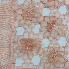 Tule Bordado Flores Salmão Relevo LIVE