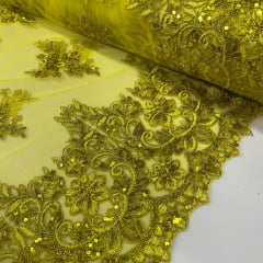 Tule Bordado Lantejoula Amarelo com Dourado