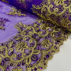 Tule Bordado Lantejoula Roxo com Dourado 